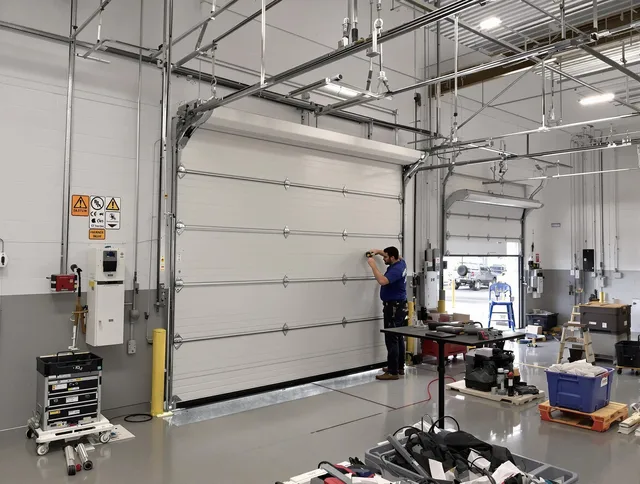 Commercial garage door repair being performed by Rehoboth Garage Door Repair expert in Rehoboth