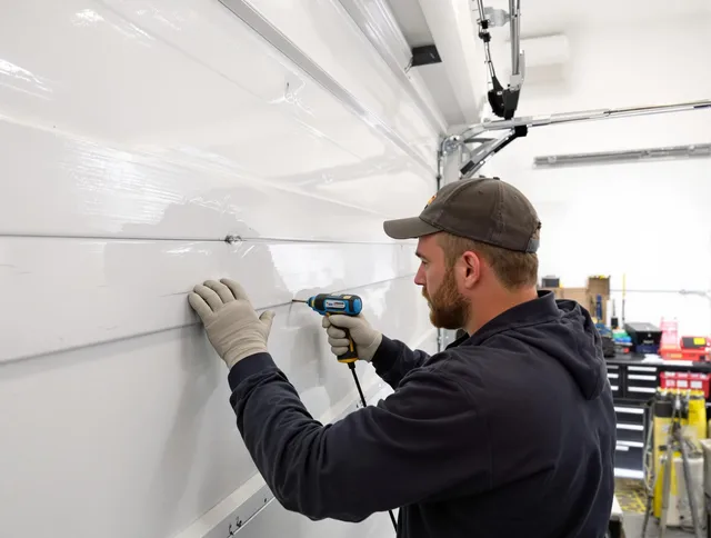 Rehoboth Garage Door Repair technician demonstrating precision dent removal techniques on a Rehoboth garage door