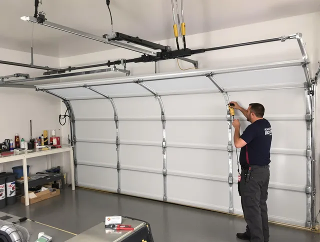 Rehoboth Garage Door Repair certified technician performing overhead door system repair in Rehoboth