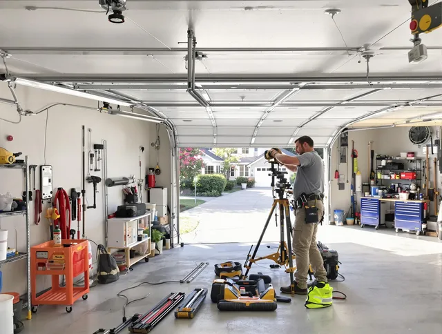 Rehoboth Garage Door Repair specialist performing laser-guided track alignment in Rehoboth